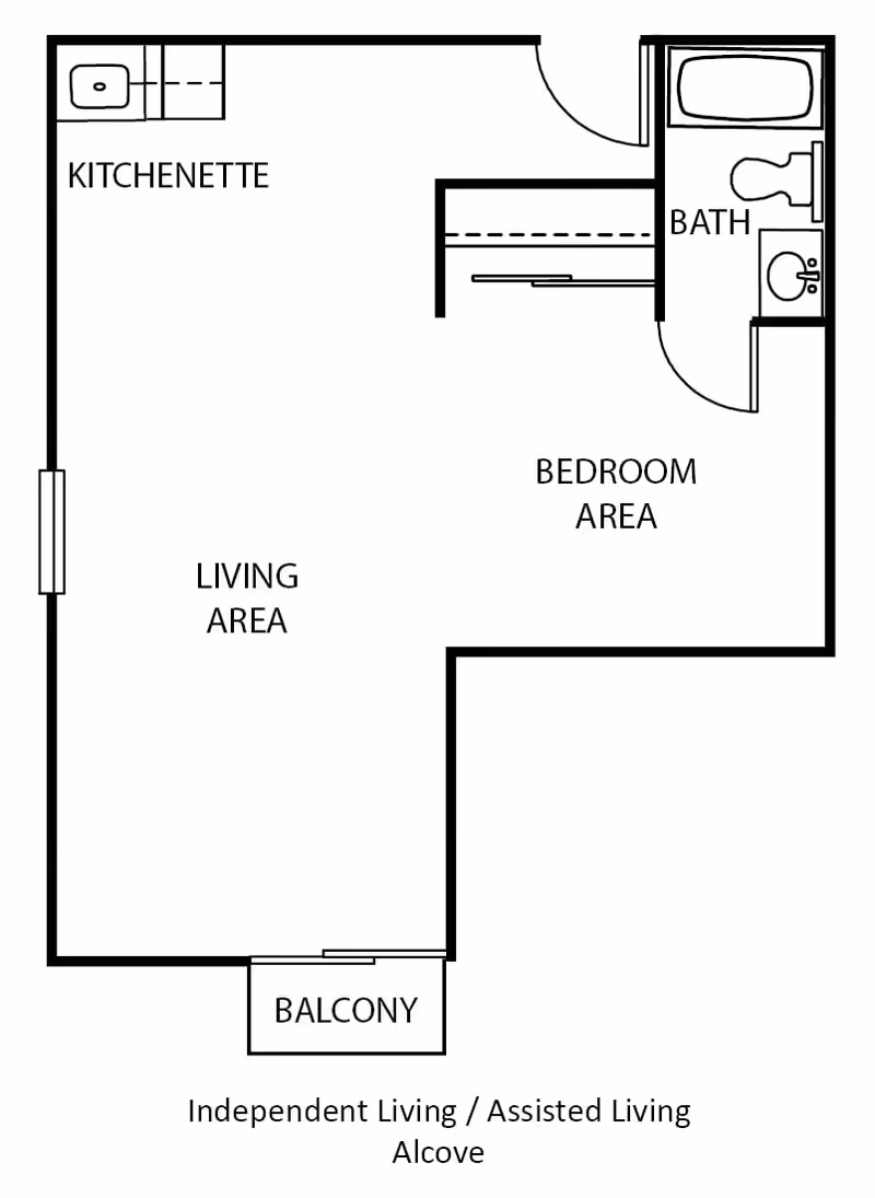 Floor plan of an independent living or assisted living alcove unit at Villa Santa Barbara, showing a kitchenette, living area, bedroom area, bath, and balcony.