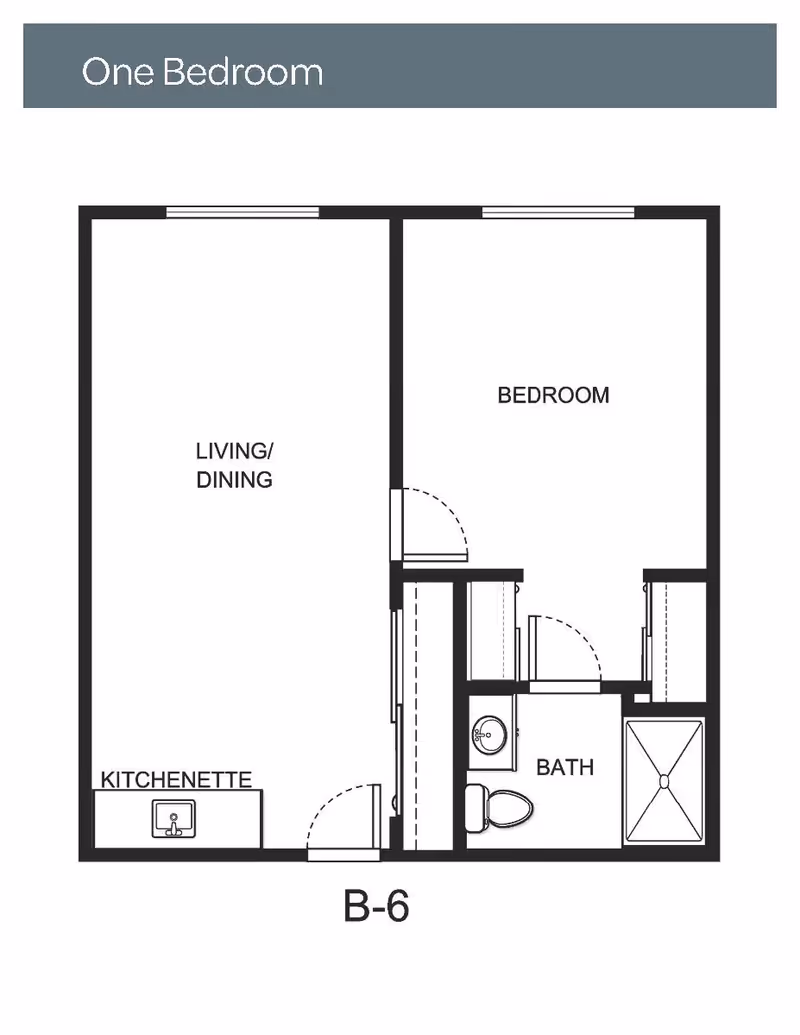 Floor plan layout of a one-bedroom unit labeled B-6, showing a living/dining area with a kitchenette, a separate bedroom, and a bathroom with a sink, toilet, and shower.