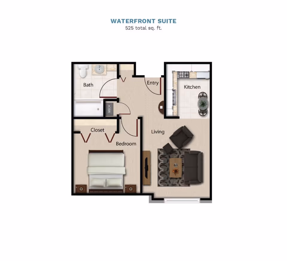 Floor plan of a one-bedroom Waterfront Suite showing a bedroom with closet, bathroom, kitchen, living area and entry (525 sq. ft.).