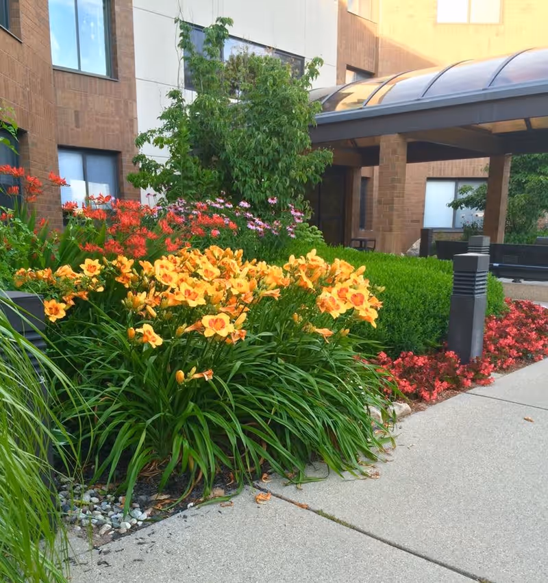 A landscaped garden area outside a brick building with a covered entrance. The garden features vibrant orange, red, and pink flowers along with green shrubs and a concrete walkway.