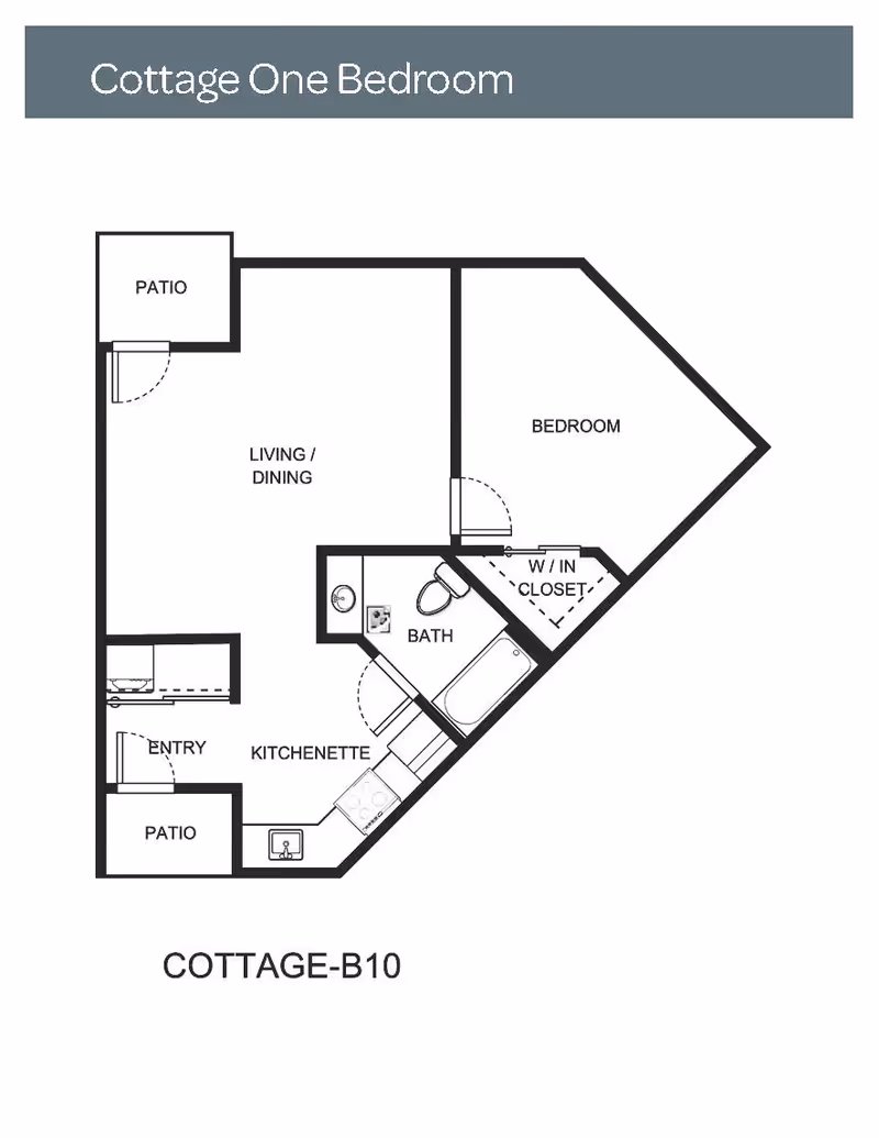 Floor plan layout of a one-bedroom cottage labeled COTTAGE-B10, showing a bedroom with a walk-in closet, a bathroom, a kitchenette, living/dining area, entry, and two patios.