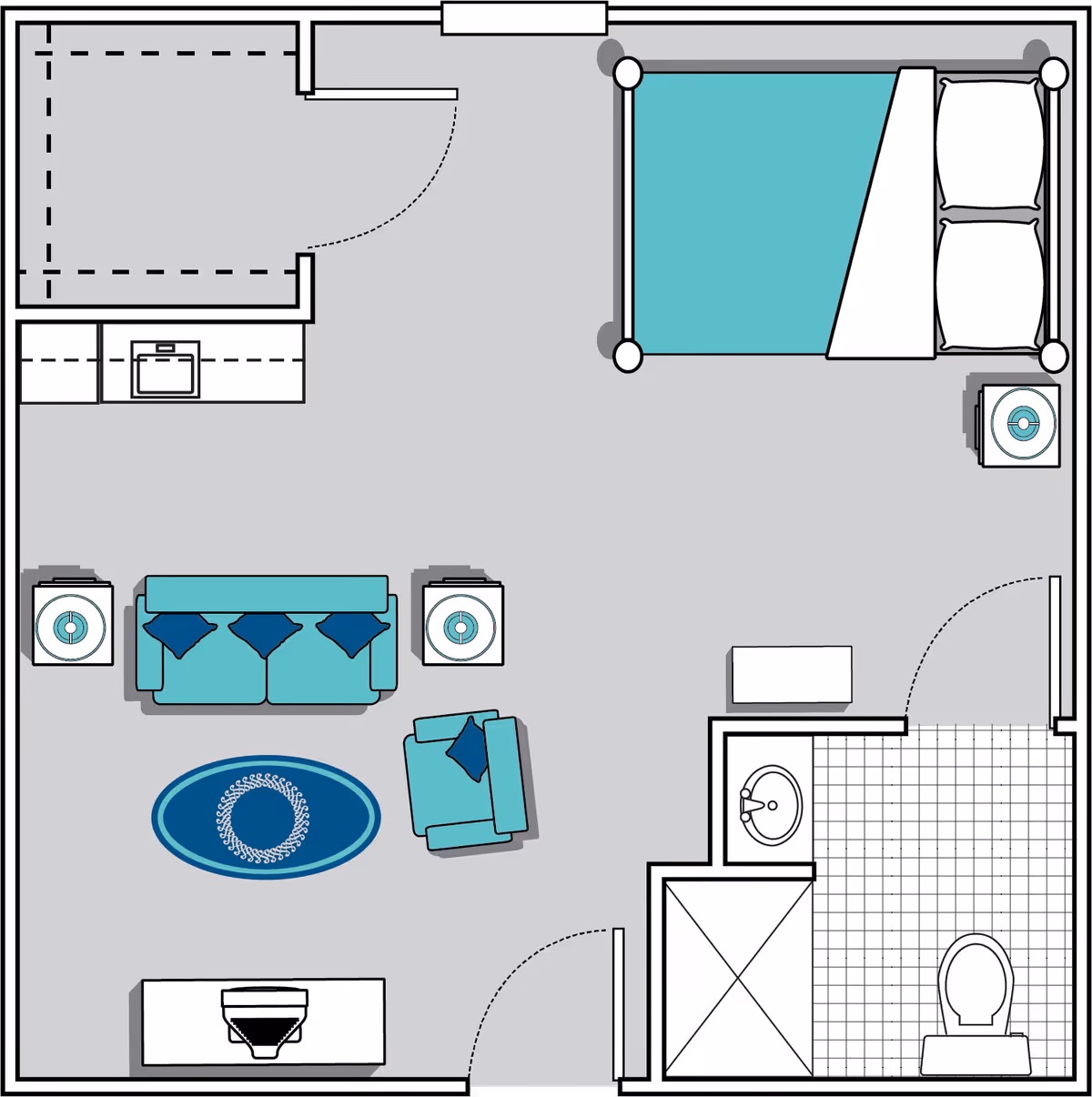 Floor plan of a senior living facility room at Oaks at Shiloh Point showing a bedroom area with a bed and nightstand, a living area with a sofa, armchair, coffee table, and TV stand, a bathroom with a sink, toilet, and shower, and an entry closet.