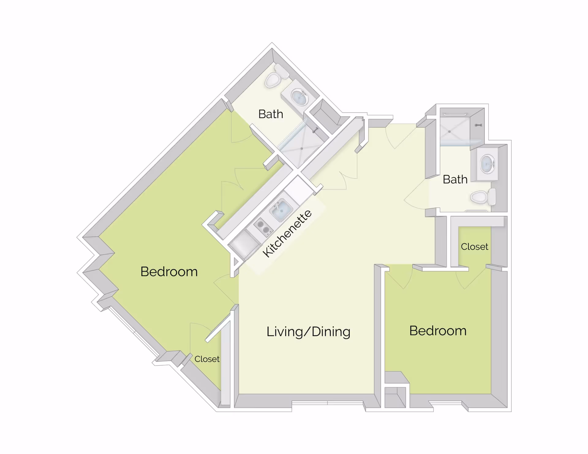 Top-down colored floor plan of a two-bedroom apartment showing a living/dining area, kitchenette, two baths and closets.