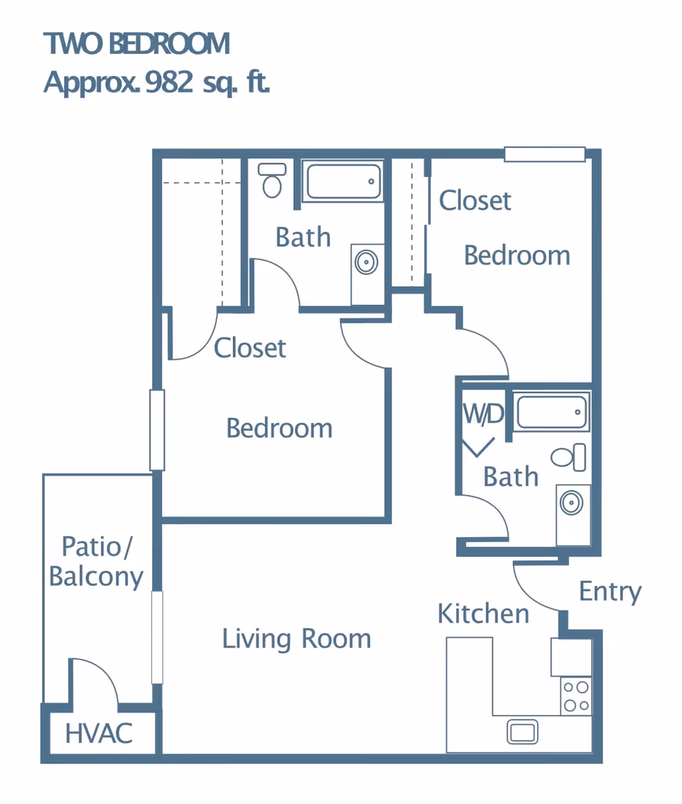 Floor plan of a two-bedroom apartment approximately 982 square feet, showing two bedrooms each with a closet, two bathrooms, a kitchen, a living room, a patio/balcony, an HVAC area, and an entry. One bathroom includes a washer/dryer area.