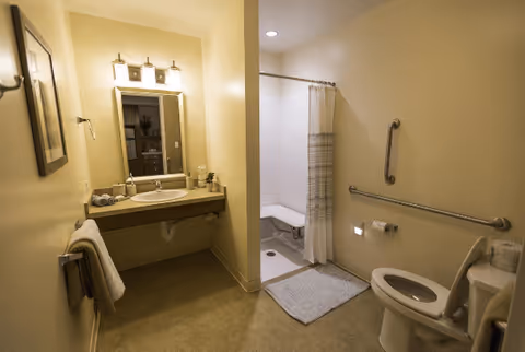 Accessible bathroom with a sink and mirror on the left, a toilet with grab bars on the right, and a roll-in shower with a curtain and shower seat.