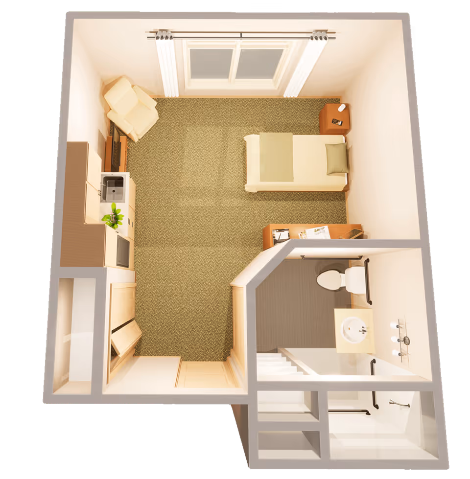 Top-down view of a small studio apartment layout with a single bed, nightstand, armchair, kitchenette with sink and microwave, and an attached bathroom with a toilet, sink, and shower.
