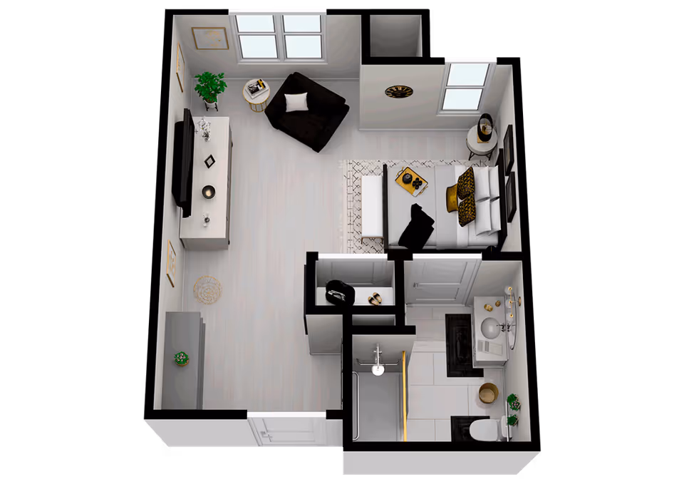 3D floor plan of a small apartment featuring a living area with a TV, a black armchair, and a side table. The bedroom area has a bed with pillows and a side table with a lamp. There is a bathroom with a shower, toilet, and sink. The apartment has light-colored flooring and walls with windows providing natural light.
