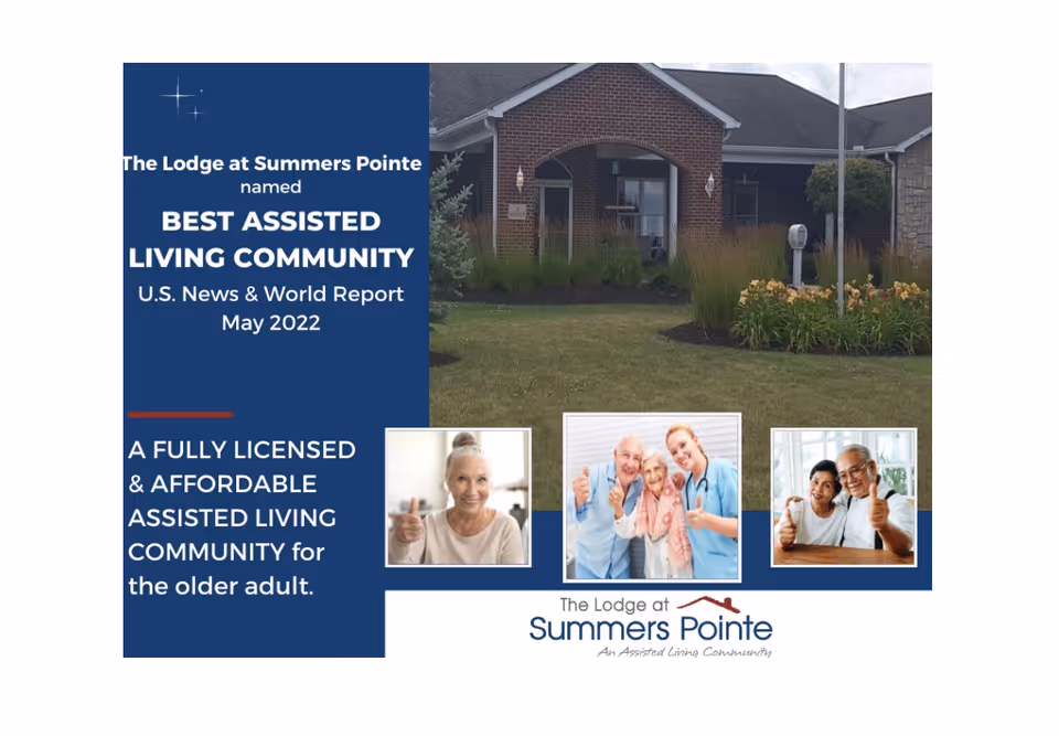 Exterior view of The Lodge at Summers Pointe assisted living community building with a well-maintained lawn and flower beds. The image includes text highlighting the community as the Best Assisted Living Community by U.S. News & World Report in May 2022, and mentions it is a fully licensed and affordable assisted living community for older adults. There are also three smaller photos showing smiling elderly individuals and a caregiver giving thumbs up.