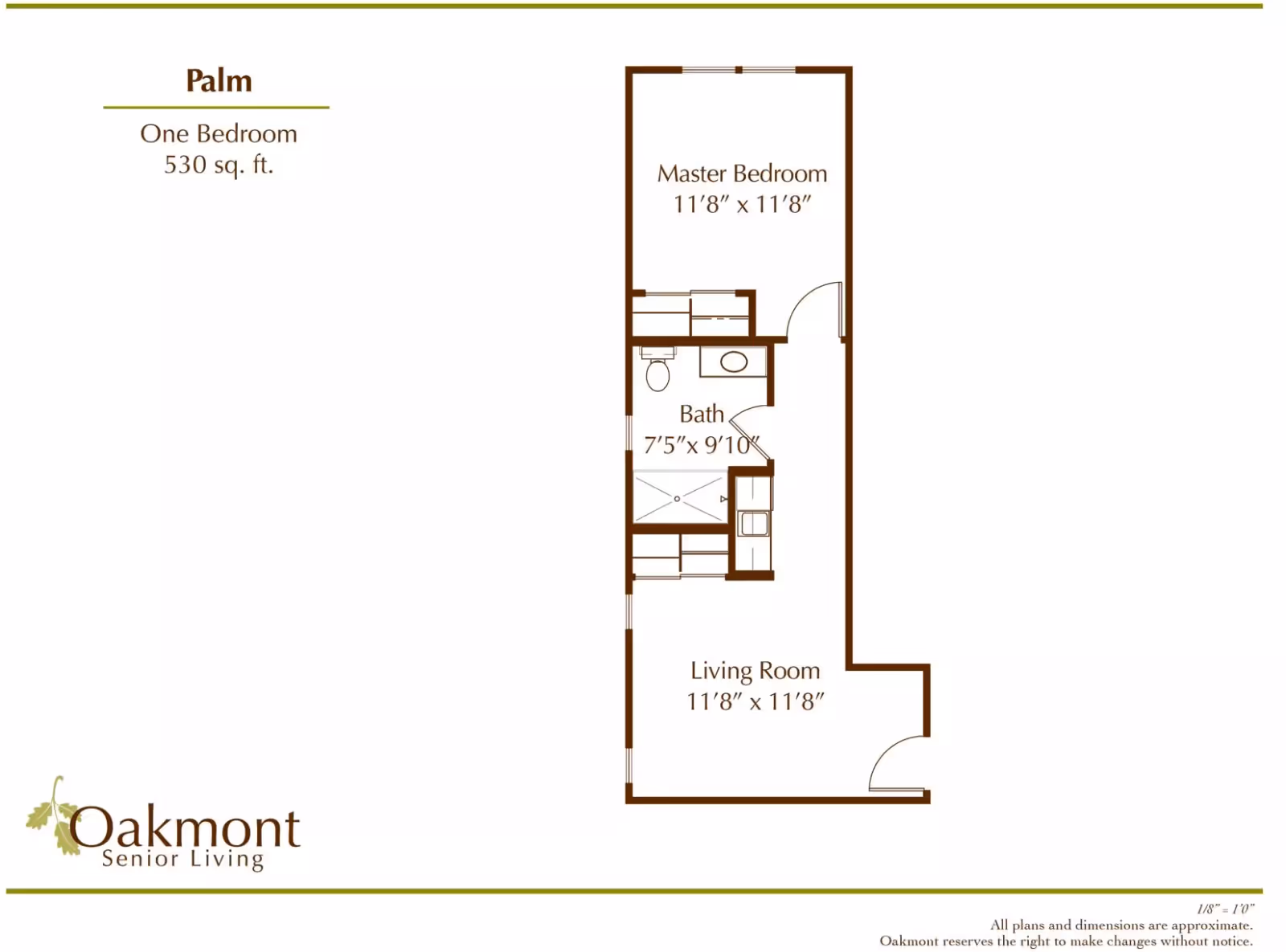 Floor plan of a one-bedroom apartment named Palm at Oakmont Senior Living, showing a master bedroom, bath, and living room with dimensions and total area of 530 square feet.