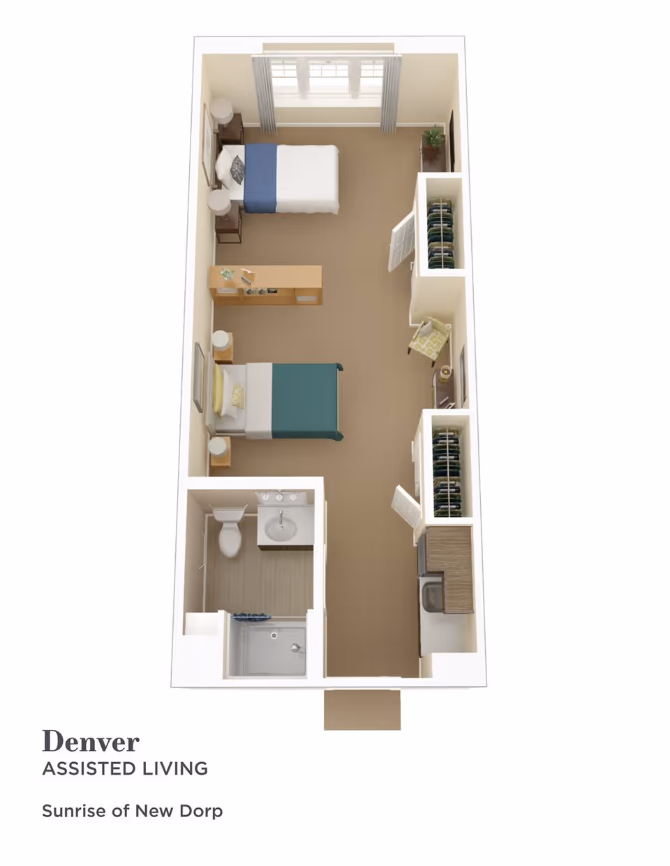 3D floor plan of an assisted living apartment named Denver at Sunrise of New Dorp, showing a layout with two beds, two nightstands, a bathroom with a shower, toilet, and sink, a small kitchenette, two closets, a chair, and a window with curtains.