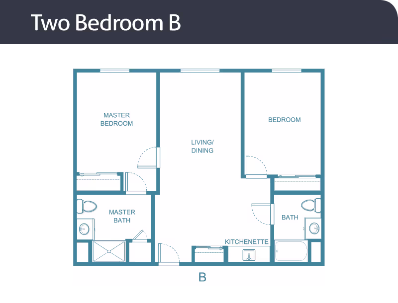 Floor plan labeled Two Bedroom B showing a layout with a master bedroom, master bath, living/dining area, second bedroom, bath, and kitchenette.