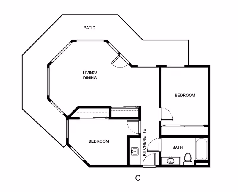 Black-and-white floor plan of a two-bedroom apartment showing a living/dining area, kitchenette, bathroom, and a surrounding patio.