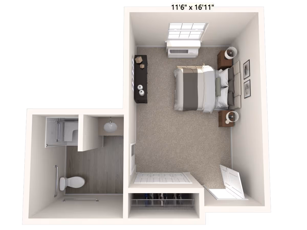 3D floor plan of a senior living facility room at Provision Living at St. Joseph, showing a bedroom with a bed, two nightstands with lamps, a dresser, and a window. Adjacent to the bedroom is a bathroom with a toilet, sink, and shower. The room dimensions are 11 feet 6 inches by 16 feet 11 inches.