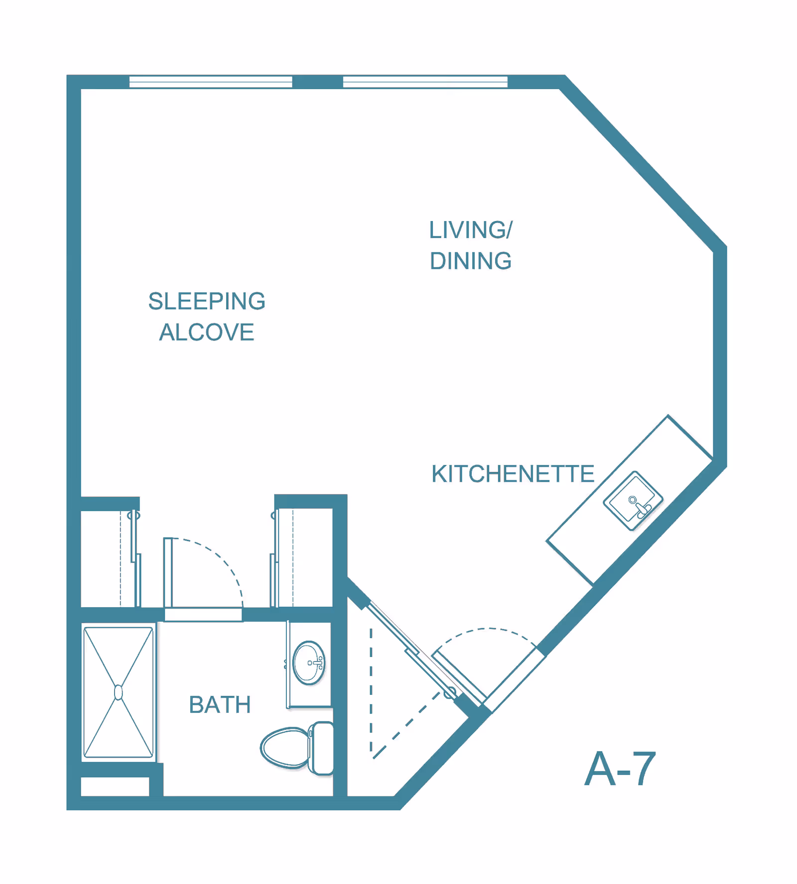 Floor plan layout of a senior living unit labeled A-7 at Independence Village of Des Moines, showing a sleeping alcove, living/dining area, kitchenette, and bathroom with a shower, toilet, and sink.
