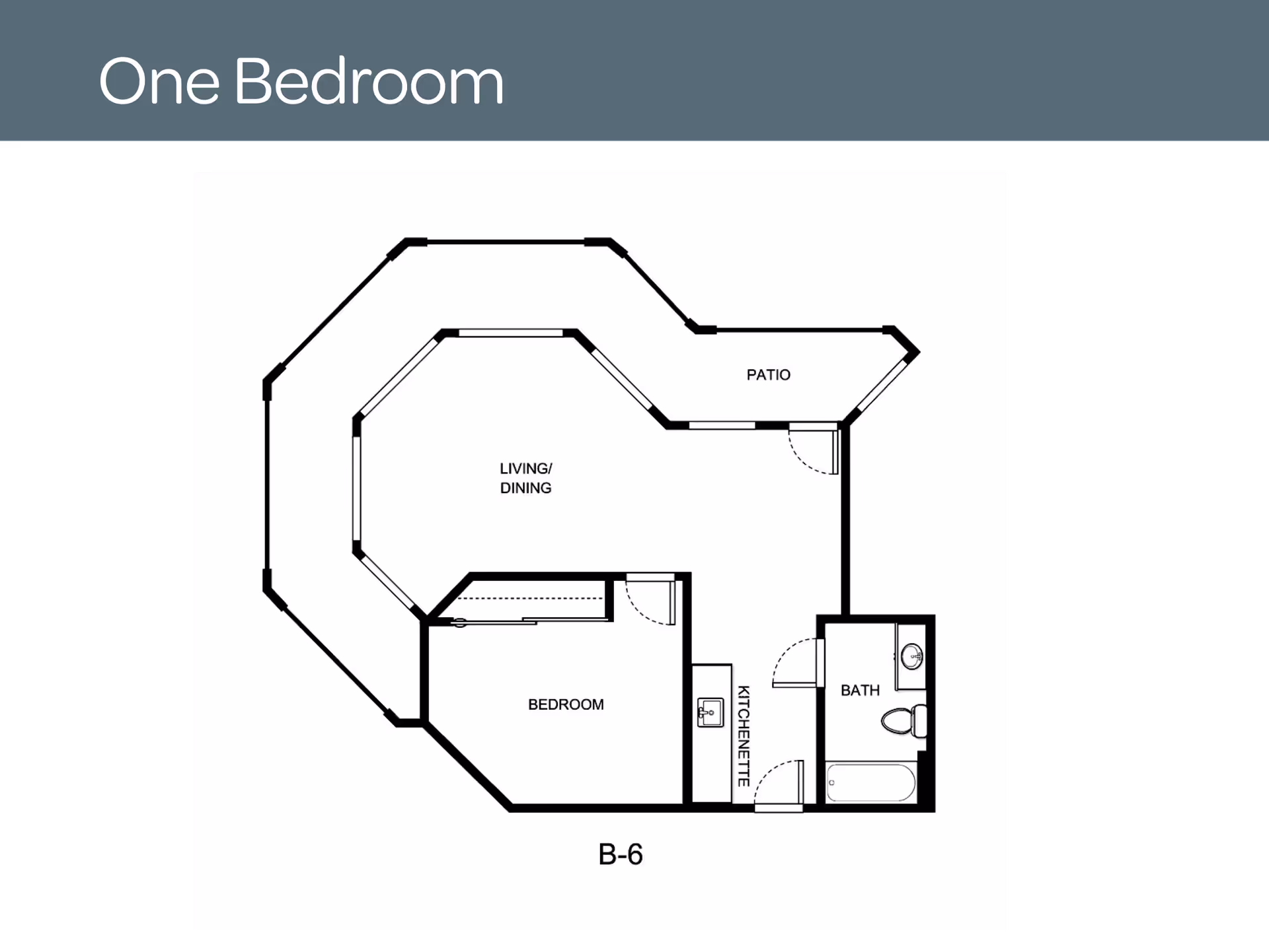 Black-and-white one-bedroom floor plan labeled 'One Bedroom' and 'B-6' showing a living/dining area, bedroom, kitchenette, bathroom, and a patio.