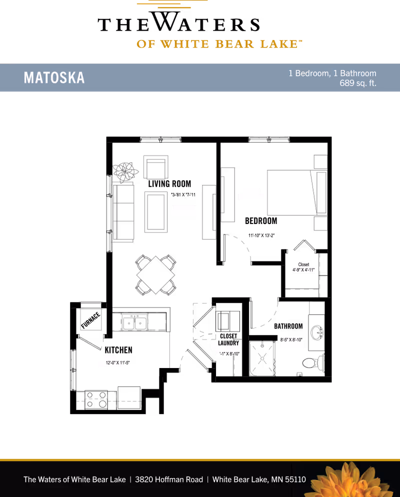 Floor plan layout of a one-bedroom, one-bathroom apartment named Matoska with 689 square feet, showing the arrangement of living room, dining area, bedroom, bathroom, closet, and laundry space.