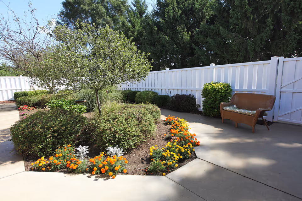 Outdoor garden area with a variety of green shrubs, a small tree, and a flower bed with orange and yellow flowers. There is a white fence in the background and a wicker bench with a cushion on the right side on a concrete patio.