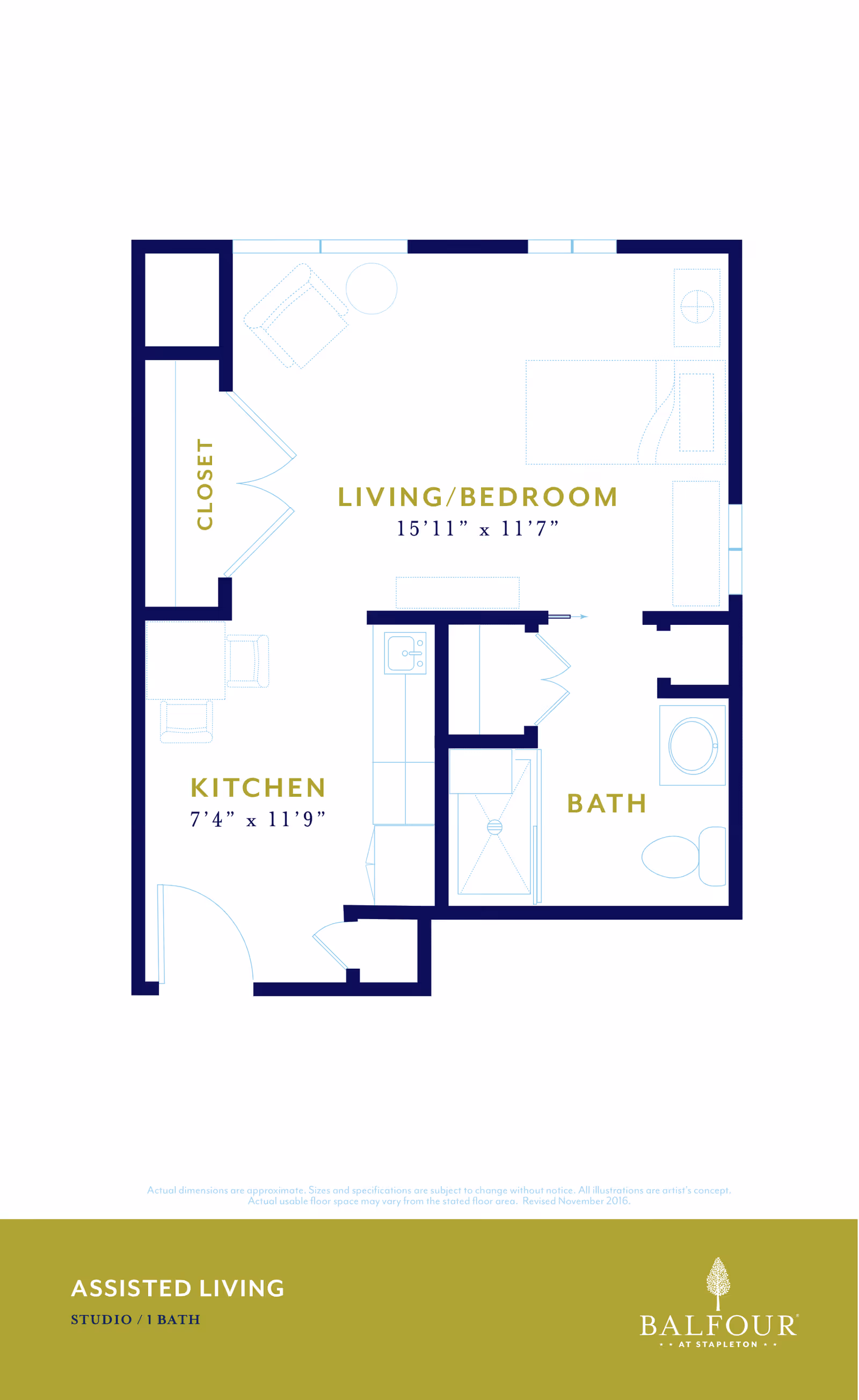 Floor plan of an assisted living studio apartment with one bathroom. The layout includes a living/bedroom area measuring 15 feet 11 inches by 11 feet 7 inches, a kitchen area measuring 7 feet 4 inches by 11 feet 9 inches, a closet, and a bathroom with a shower, toilet, and sink.