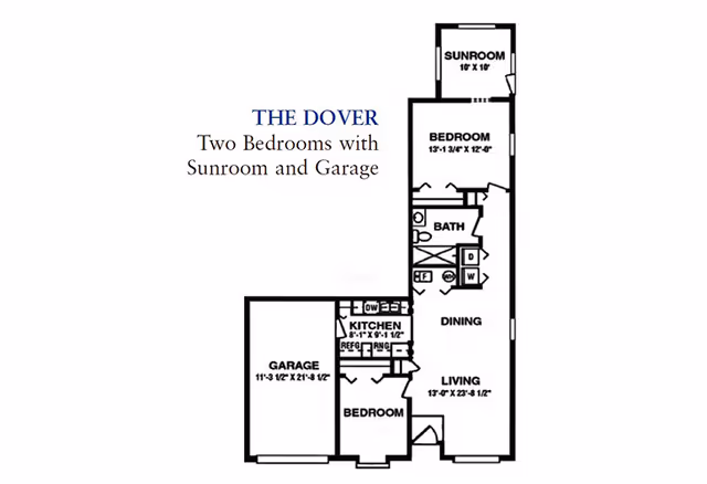 Floor plan titled THE DOVER showing layout with two bedrooms, a sunroom, garage, kitchen, dining area, living room, and bathroom.