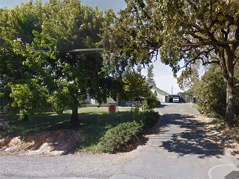 A driveway leading up to a white building partially visible behind large green trees on both sides. There is a car parked near the building, and the area is surrounded by greenery and bushes under a clear sky.
