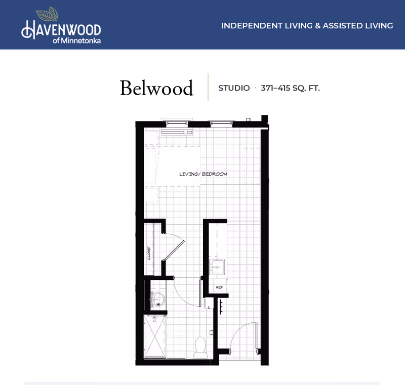 Black-and-white studio apartment floor plan showing a living/bedroom area, kitchenette, bathroom, and closet.