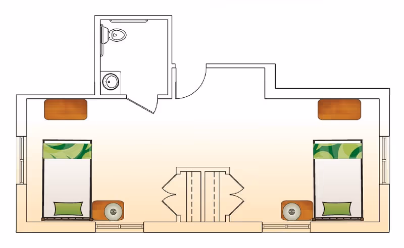 Floor plan of a room with two beds, each with a nightstand and lamp beside it, two dressers at the foot of each bed, and a bathroom with a toilet and sink in the upper left corner.
