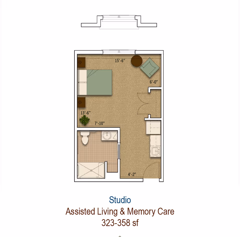 Top-down floor plan of a studio assisted living apartment showing a combined sleeping/living area, kitchenette, and bathroom with dimensions.