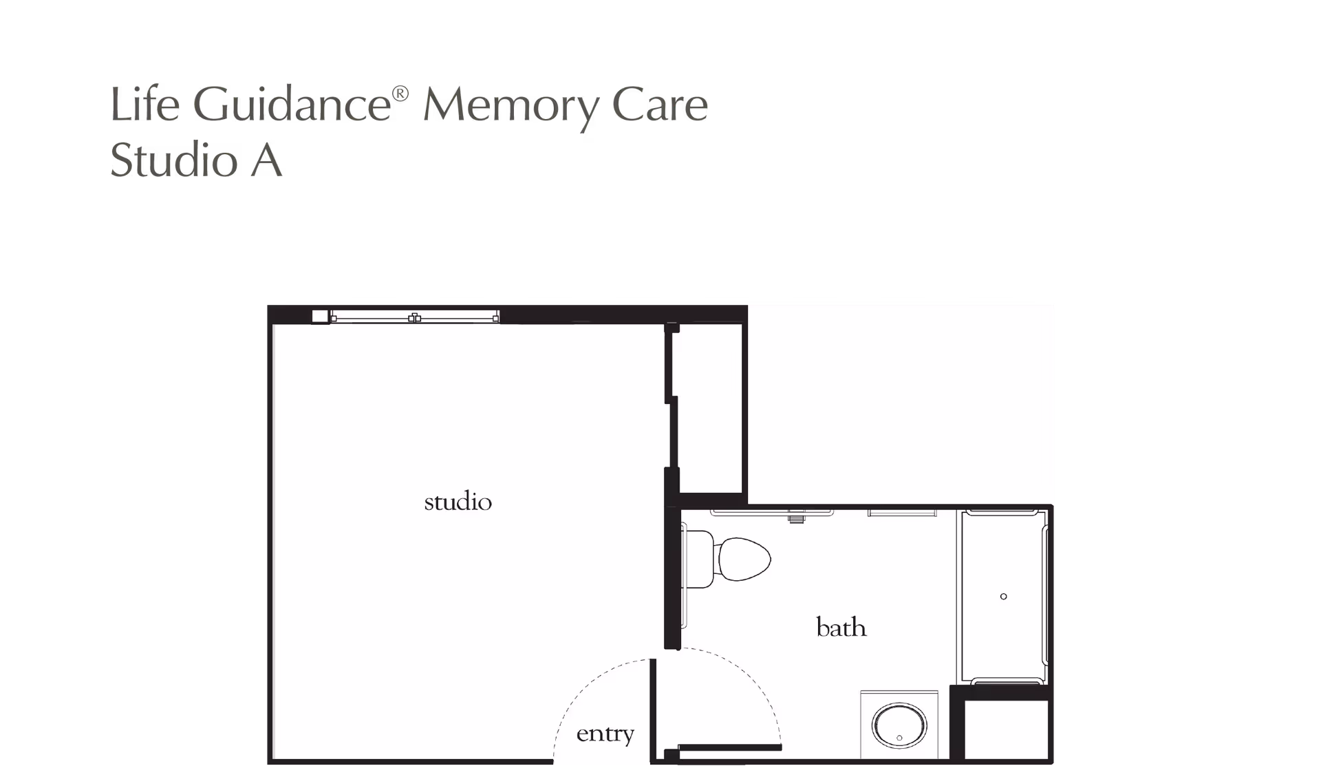 Floor plan layout of Life Guidance Memory Care Studio A at Atria Hillcrest, showing a studio area, an entry, and a bathroom with a toilet, sink, and bathtub.