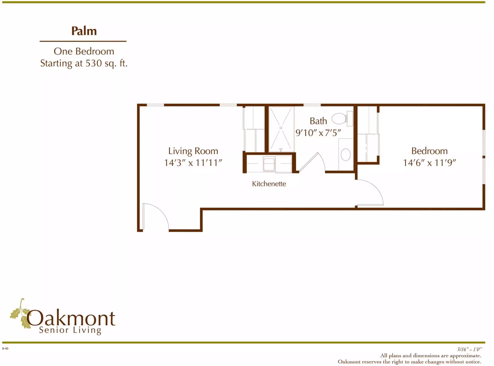 One-bedroom floor plan labeled "Palm" showing a living room, kitchenette, bath, and bedroom with dimensions and an Oakmont Senior Living logo.