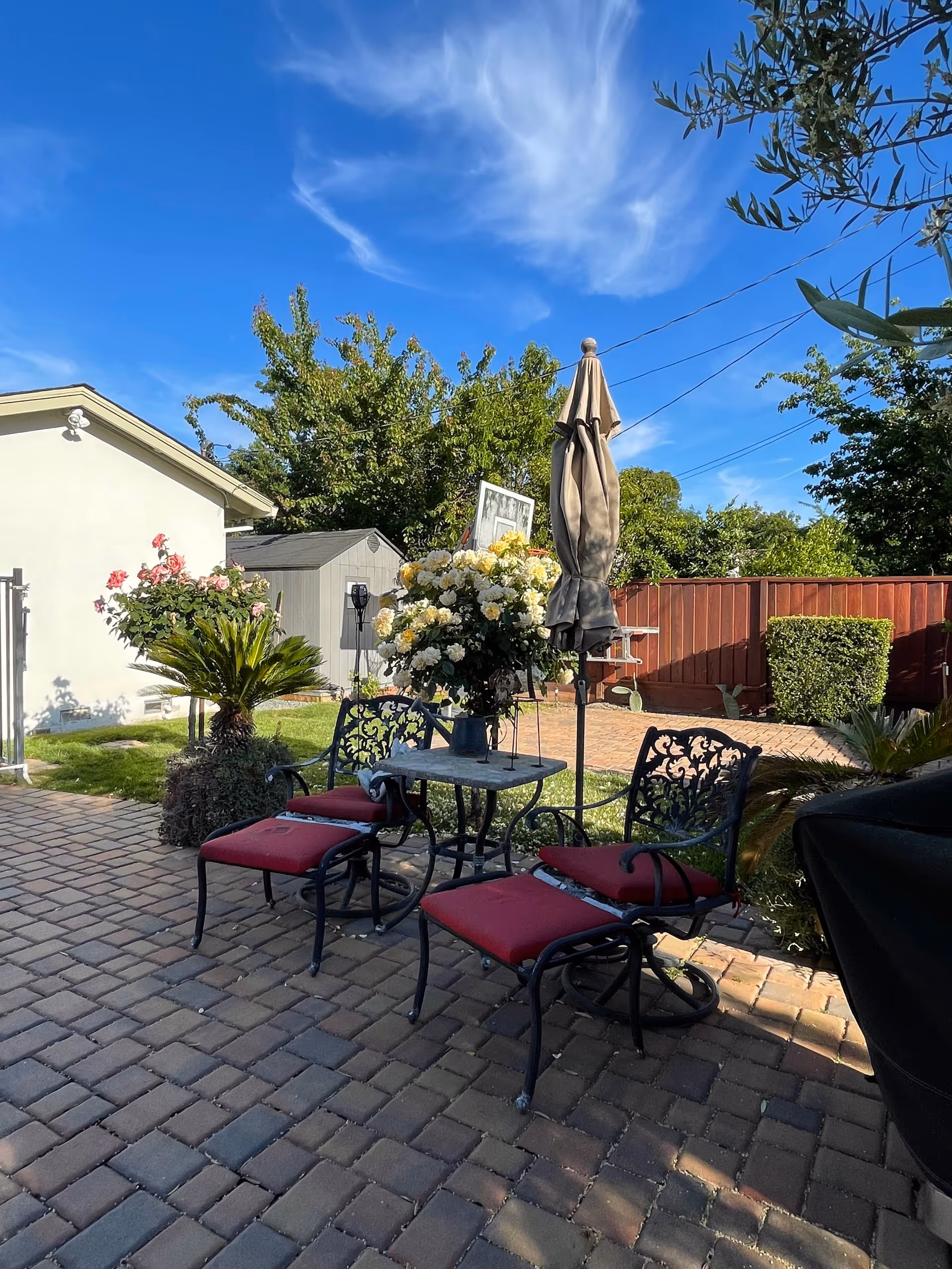 Outdoor patio area with brick pavers, featuring two black metal chairs with red cushions, a matching footrest, a small table with a large bouquet of white and yellow flowers, and a closed beige patio umbrella. Surrounding the patio are green plants, a small shed, a white building, and a red wooden fence under a blue sky with wispy clouds.