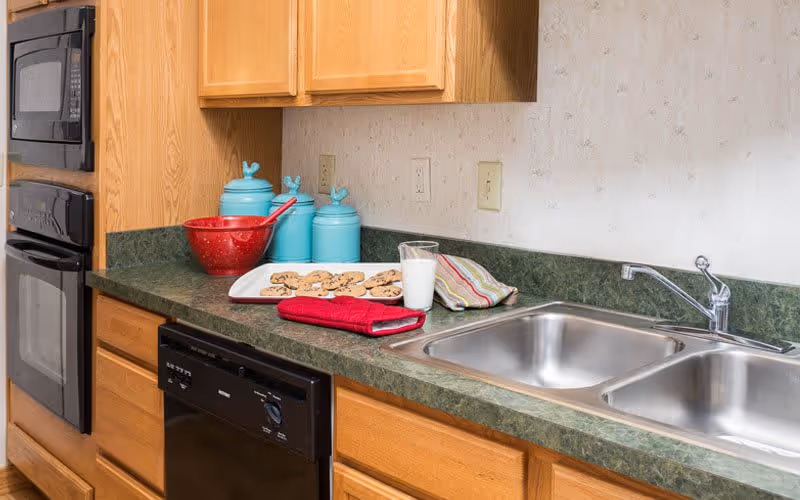 Kitchen counter with double sink, oven and dishwasher, featuring a tray of cookies and a glass of milk.