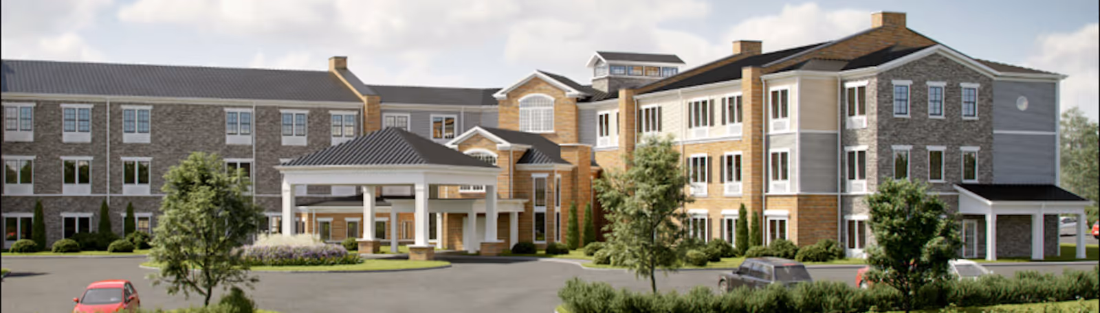 Exterior view of a large, multi-story senior living facility building with a covered entrance, surrounded by trees, shrubs, and parked cars under a partly cloudy sky.