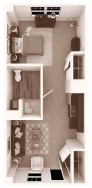 Top-down view of a studio apartment floor plan showing a living area with a sofa, armchair, and coffee table, a bedroom area with a bed and nightstands, a bathroom with a toilet and shower, and a kitchen area with cabinets and appliances.