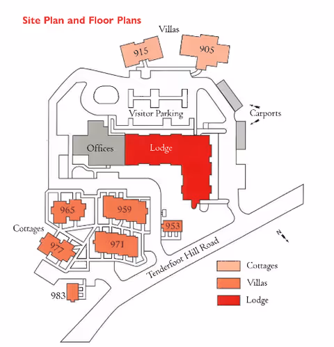 Site plan and floor plans of Mountain View Independent Living showing the layout of cottages, villas, lodge, offices, visitor parking, and carports along Tenderfoot Hill Road. The cottages are marked in light orange, villas in darker orange, and the lodge in red.