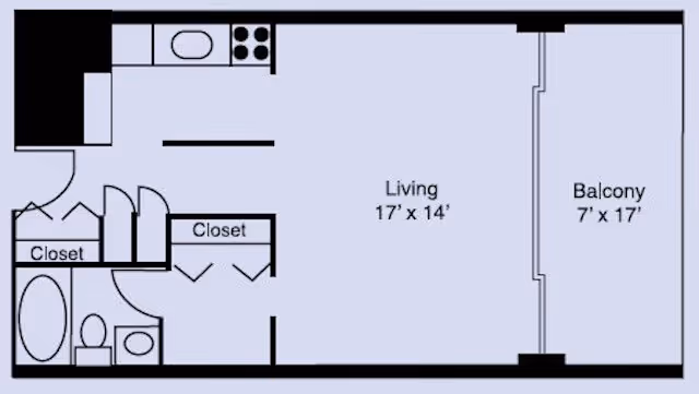 Floor plan of an assisted living center unit showing a living room measuring 17 by 14 feet, a balcony measuring 7 by 17 feet, a kitchen area with a stove and sink, a bathroom with a bathtub, toilet, and sink, and two closets near the entrance.
