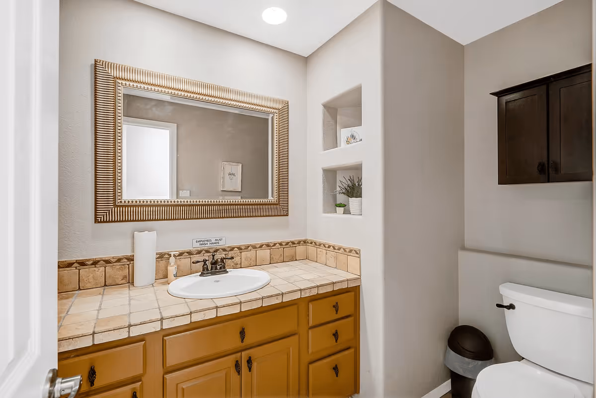Bathroom with a tiled vanity and sink, large framed mirror, built-in wall shelves, and a toilet.