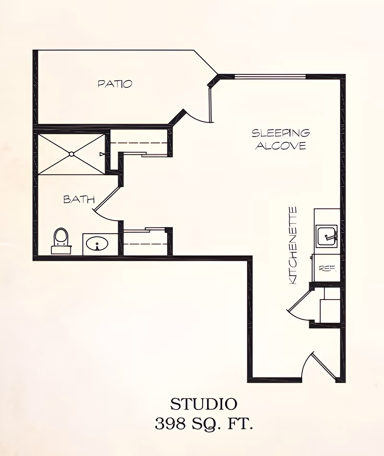 Black-and-white floor plan drawing of a 398 sq. ft. studio apartment showing a sleeping alcove, kitchenette, bath, and patio.