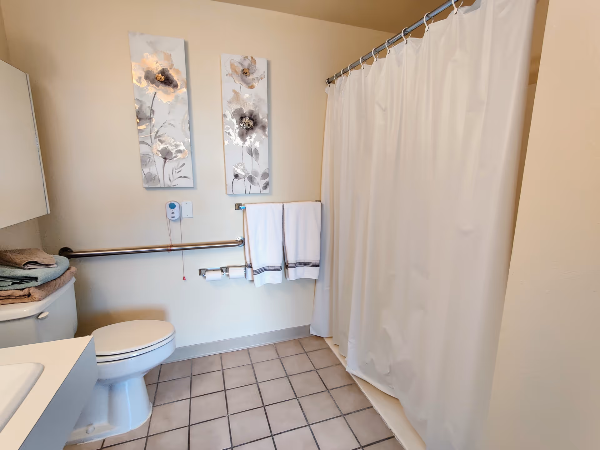 A clean bathroom with a white toilet, a shower with a white curtain, two white towels hanging on a towel rack, and two floral paintings on the wall. There is a grab bar installed next to the toilet and folded towels placed on the toilet tank.