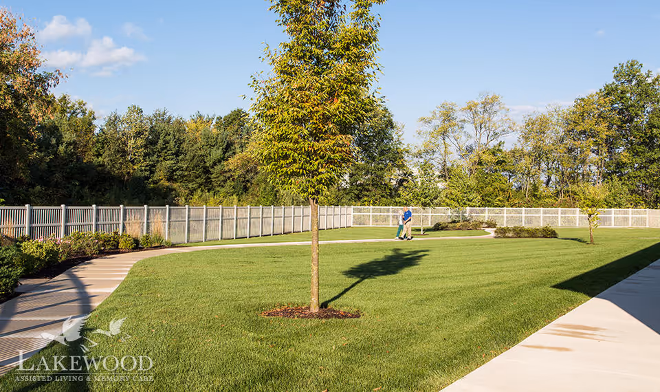 Fenced grassy courtyard with winding concrete paths, a young tree in the foreground and two people walking near the far fence.