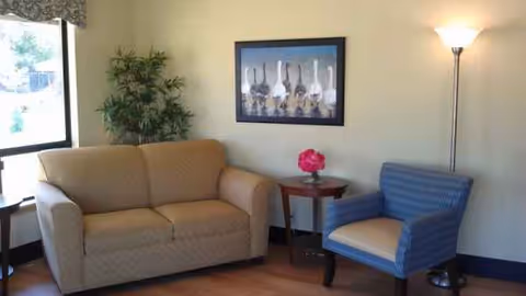 Cozy senior living lounge with beige sofa, blue chair, plants, and a lamp.