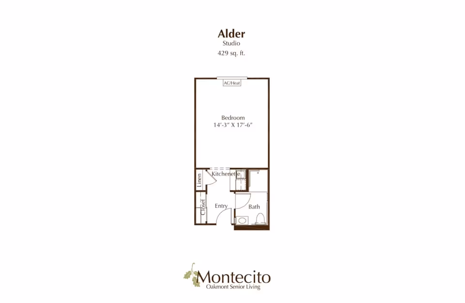 Floor plan of the Alder studio apartment at Oakmont of Montecito, showing a 429 square feet layout with a bedroom measuring 14 feet 3 inches by 17 feet 6 inches, kitchenette, entry, bath, linen closet, and AC/Heat unit.