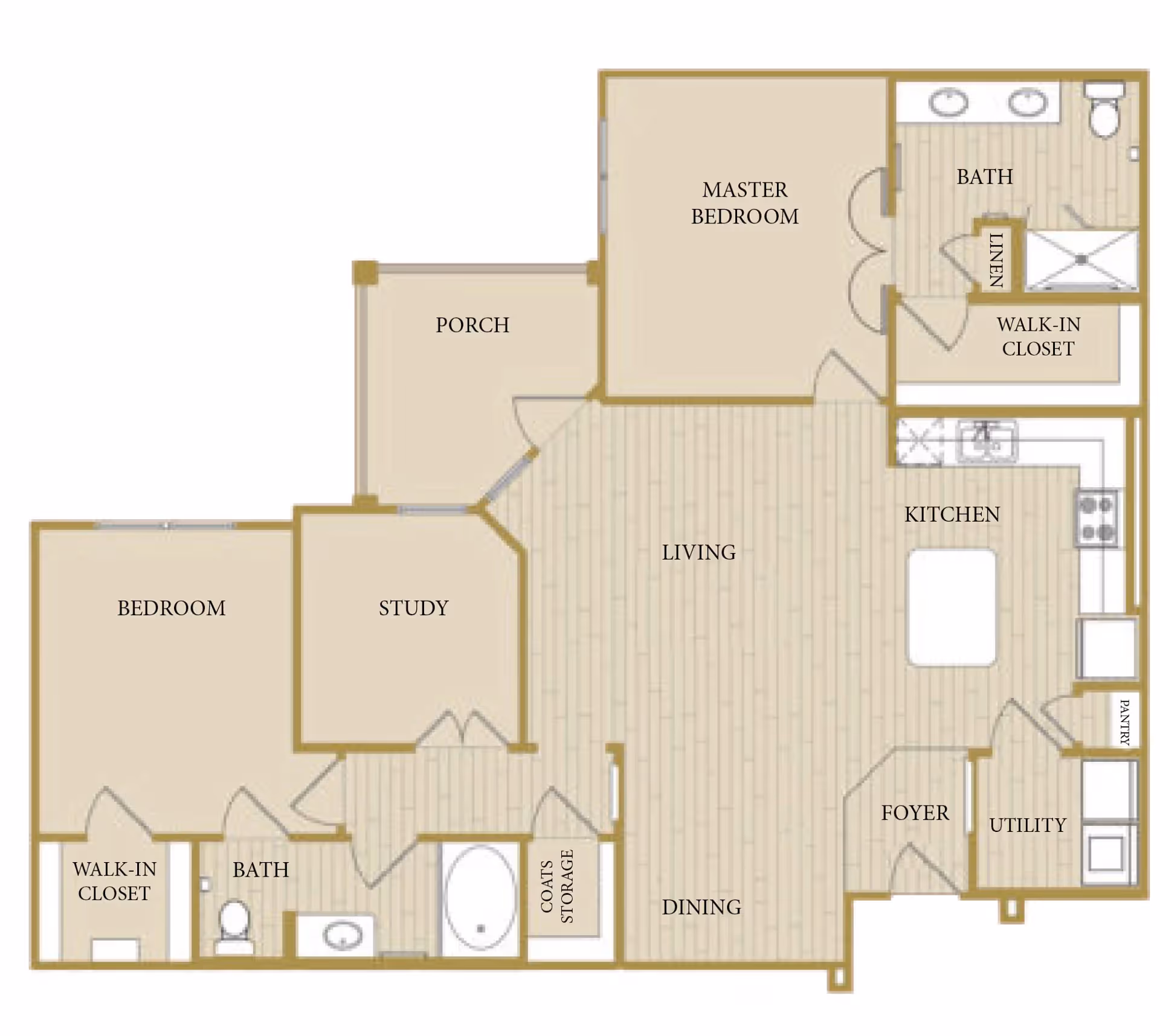 Floor plan of a residential unit at Landon Ridge Alamo Ranch Independent Living showing two bedrooms, two bathrooms, a study, porch, living and dining areas, kitchen, utility room, pantry, walk-in closets, and coat storage.