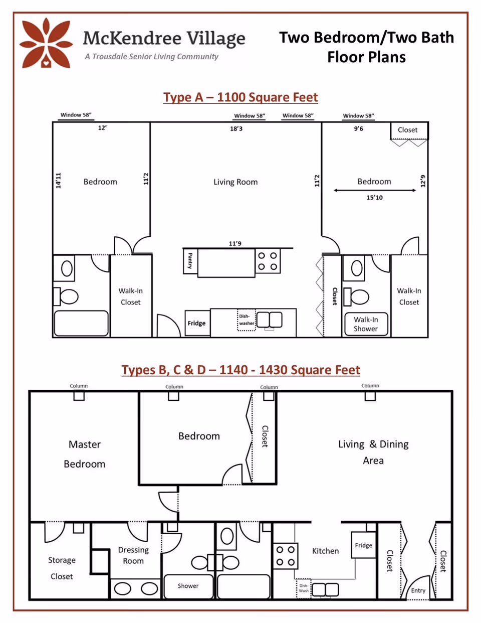 Floor plans for McKendree Village senior living community showing two layouts: Type A with two bedrooms and two bathrooms totaling 1100 square feet, and Types B, C & D with master bedroom, additional bedroom, living and dining area, kitchen, and bathrooms totaling 1140 to 1430 square feet.