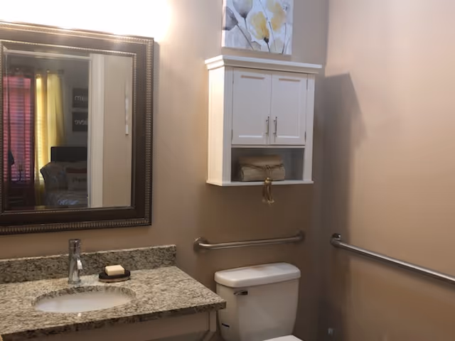 A bathroom with beige walls featuring a granite countertop with a sink and a soap dish. Above the sink is a large framed mirror reflecting part of a bedroom. There is a white wall-mounted cabinet above a white toilet, and stainless steel grab bars are installed on the walls beside the toilet.