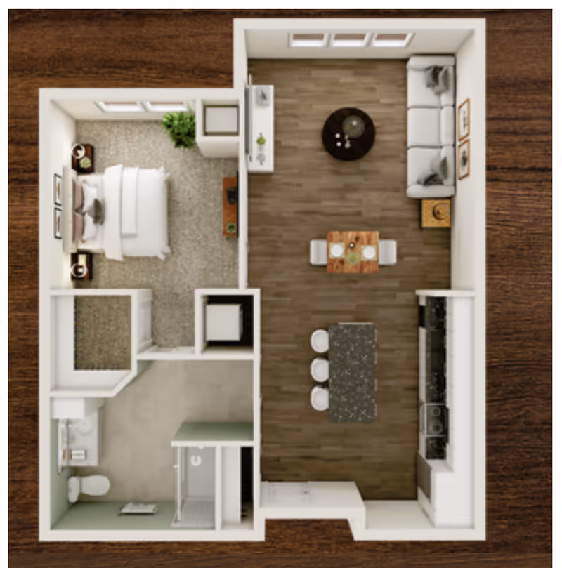 Top-down view of a one-bedroom apartment floor plan featuring a bedroom with a bed and nightstands, a bathroom with a toilet and shower, and an open living area with a sofa, coffee table, dining table with chairs, and a kitchen with an island and bar stools.