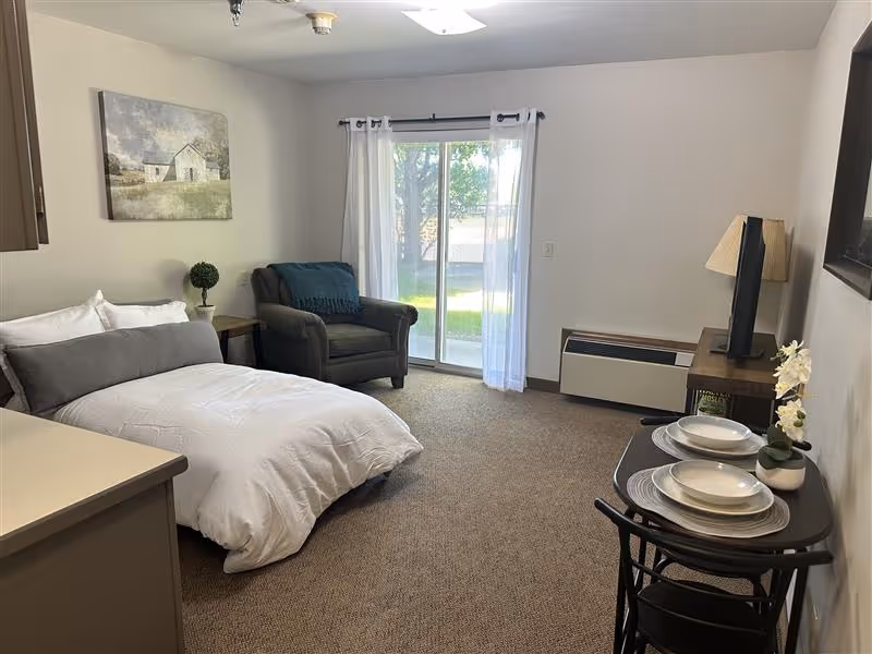 Bright studio living space with a bed, armchair, small dining table, TV stand, and sliding glass door to a grassy yard.