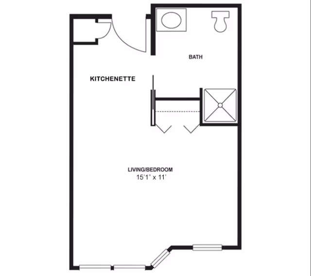 Floor plan of a studio apartment at HarborChase of Branford showing a kitchenette, a combined living and bedroom area measuring 15 feet 1 inch by 11 feet, and a bathroom with a sink, toilet, and shower.