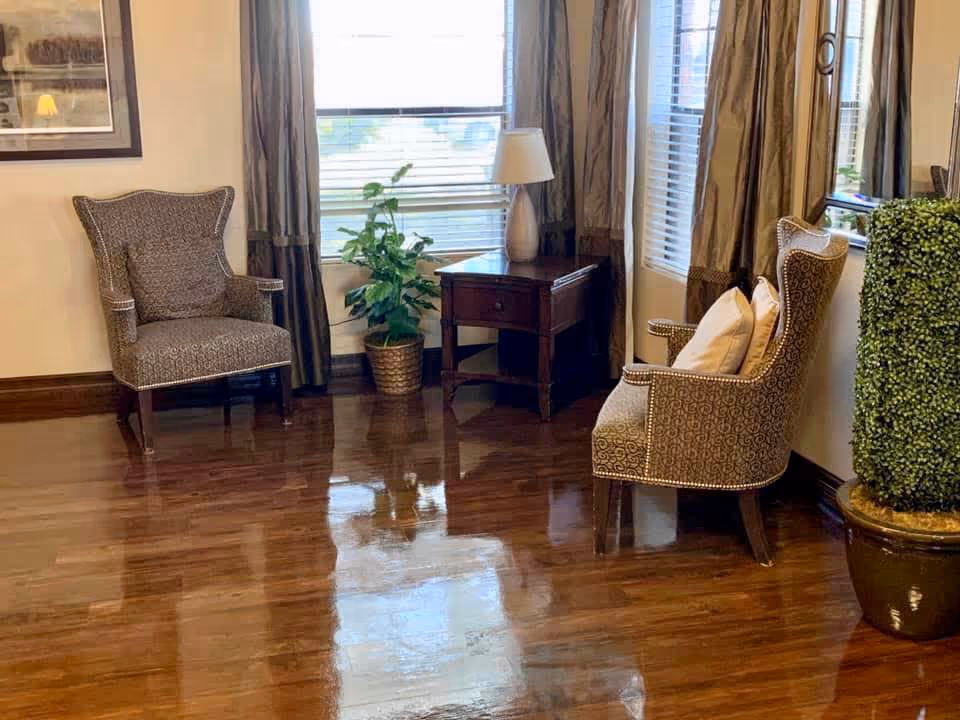 A cozy seating area with two patterned armchairs, a wooden side table with a lamp, a potted plant, and large windows with curtains letting in natural light. The floor is polished wood and there is a tall decorative plant in a pot on the right side.