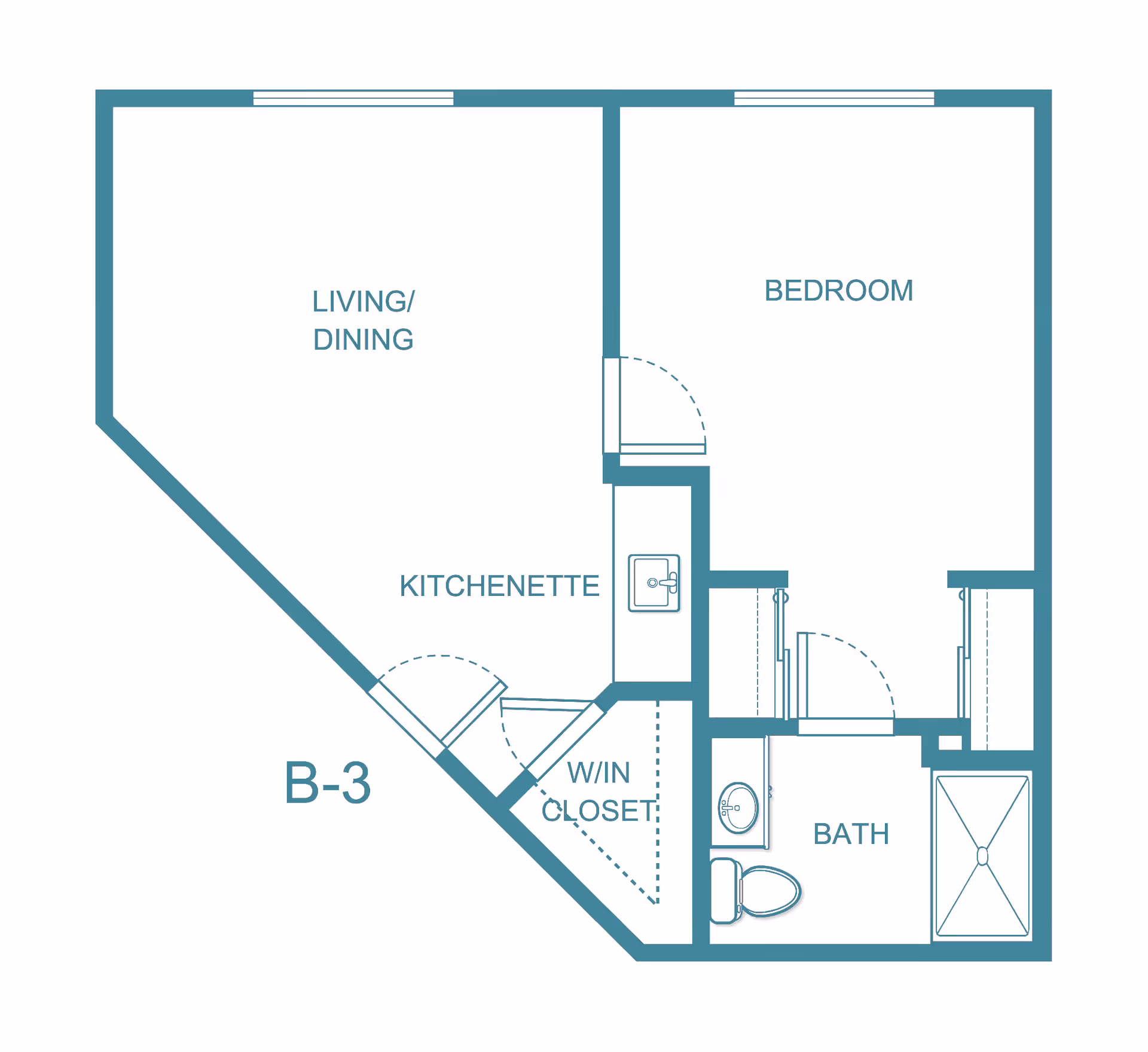 Architectural floor plan of a one-bedroom apartment labeled B-3 at Holiday Devonshire Estates, showing a living/dining area, kitchenette, walk-in closet, bedroom, and bathroom with a shower, toilet, and sink.