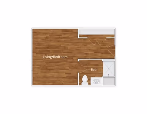 Floor plan of a small living space labeled 'Living/Bedroom' with a separate bathroom area containing a toilet, sink, and shower.